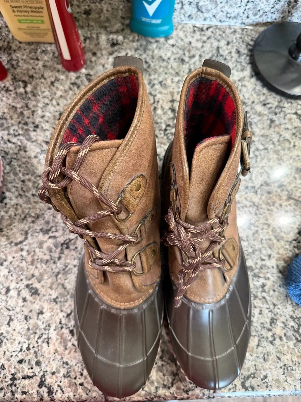 Men's Brown Waterproof Duck Boots - Plaid Lined
